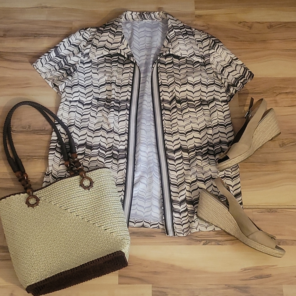 Vintage 70s Abstract Print Open Front Blouse M - image 1